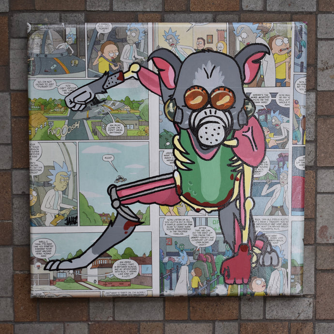 12x12" Oil & Acrylic Painting on Comic & Canvas - Pickle Rick Rat Suit by THE JAHZ